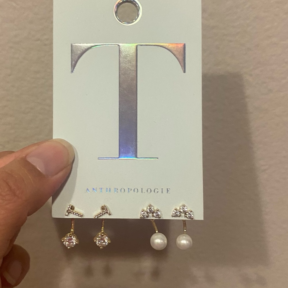 NWT Anthropologie | Gold & Beige Set of Two Monogram "T" Earrings